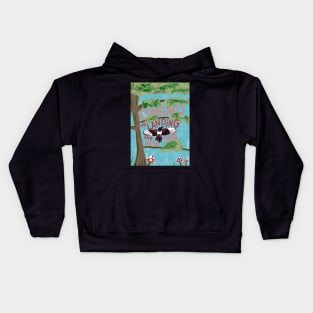 Congrats on Landing the New Job with flying magpie jackdaw raven bird and fly agaric mushrooms - pink, blue Kids Hoodie